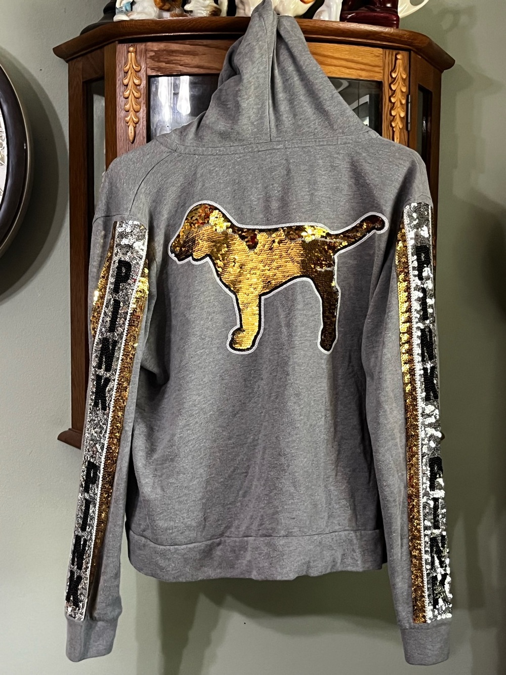 Vintage Victoria’s Secret PINK Gold Bling Sequin Dog Hoodie Large Y2K